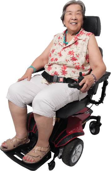 An elderly woman relaxing in her power wheelchair